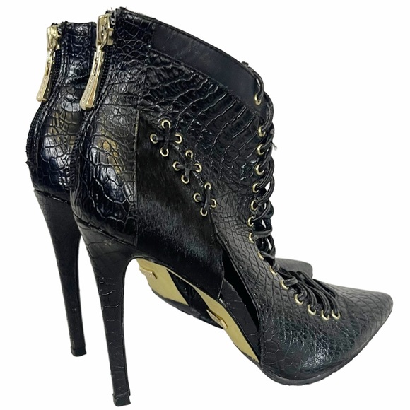 BENETTA Bebe Black Leather Calf Hair Cutout Pointy ToeStiletto Heel Ankle Bootie - Picture 6 of 9